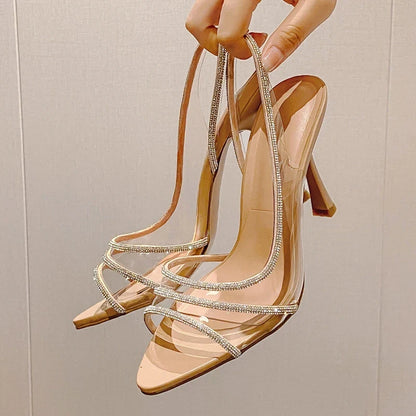 Summer Slingback Highs Rhinestones Elegant Pointed Toe Transparent PVC Party Shoes Low Heel Pumps