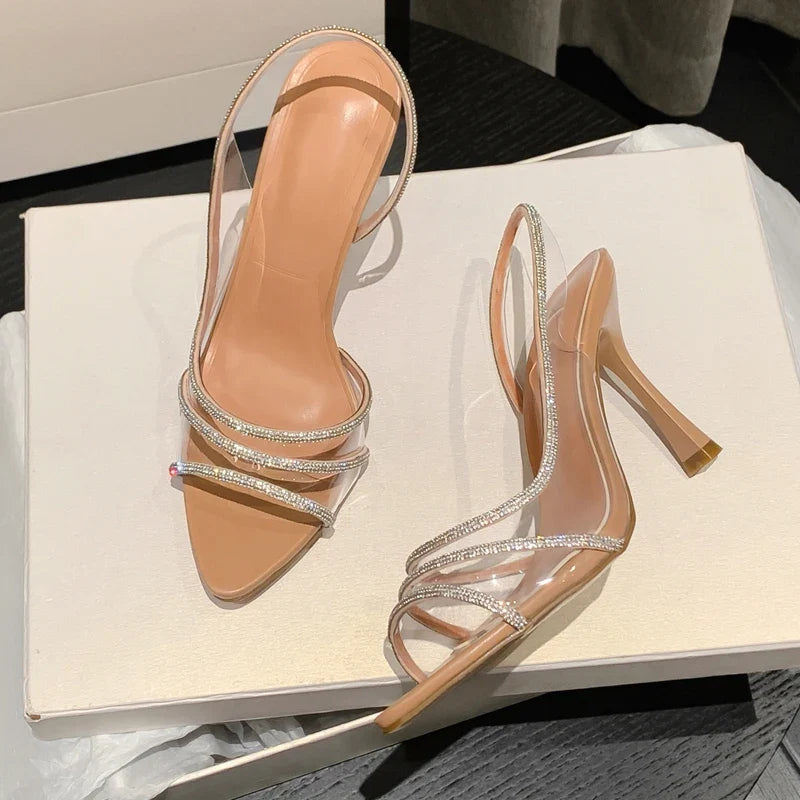 Summer Slingback Highs Rhinestones Elegant Pointed Toe Transparent PVC Party Shoes Low Heel Pumps