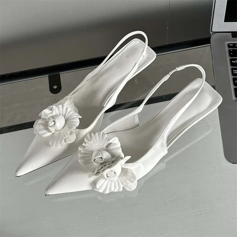 Fashion Pointed Toe Thin Women Elegant Wedding Slingback Mules Shoes Low Heel Pumps