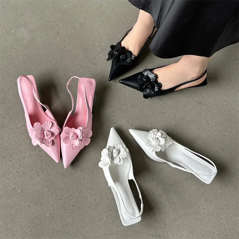 Fashion Pointed Toe Thin Women Elegant Wedding Slingback Mules Shoes Low Heel Pumps