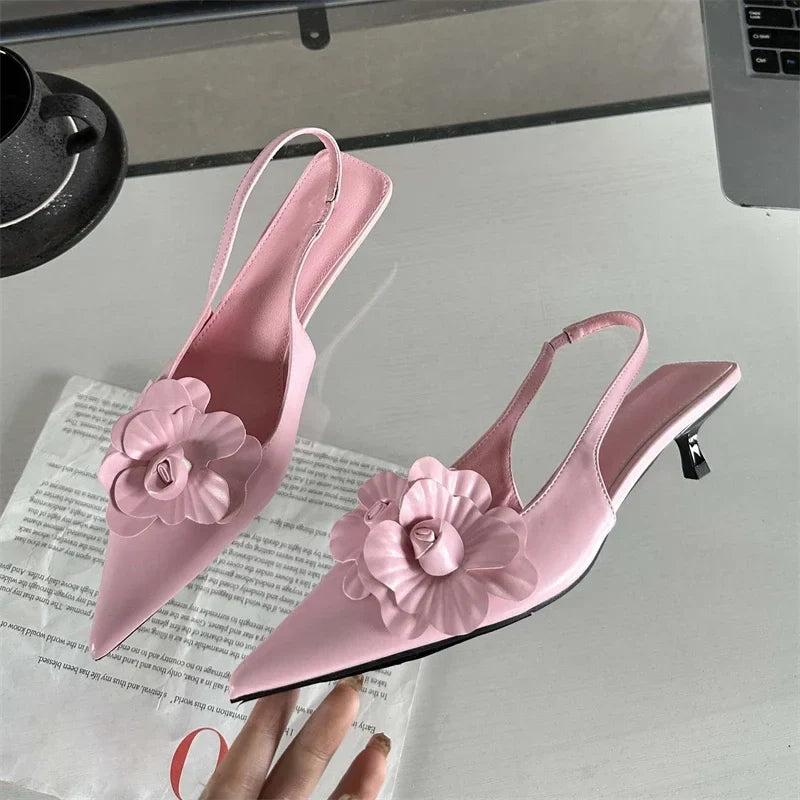 Fashion Pointed Toe Thin Women Elegant Wedding Slingback Mules Shoes Low Heel Pumps