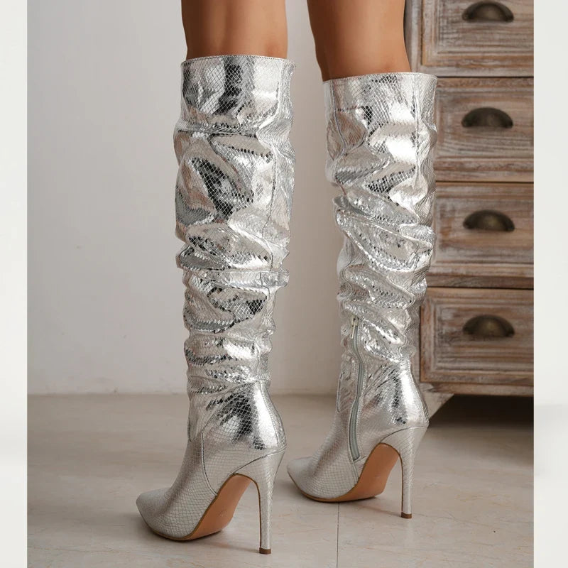 Fashion Silver Pointed Toe Thin Heels Long Side Zipper Knee High Boots