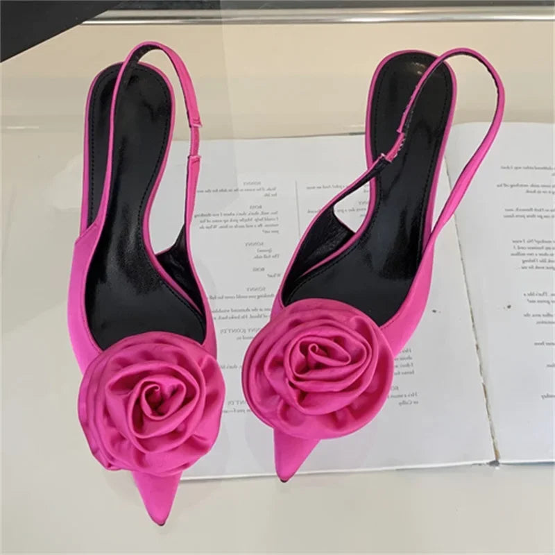 Satin Slingback Women Design Pointed Toe Thin Highs Banquet Wedding Mule Shoes Low Heel Pumps