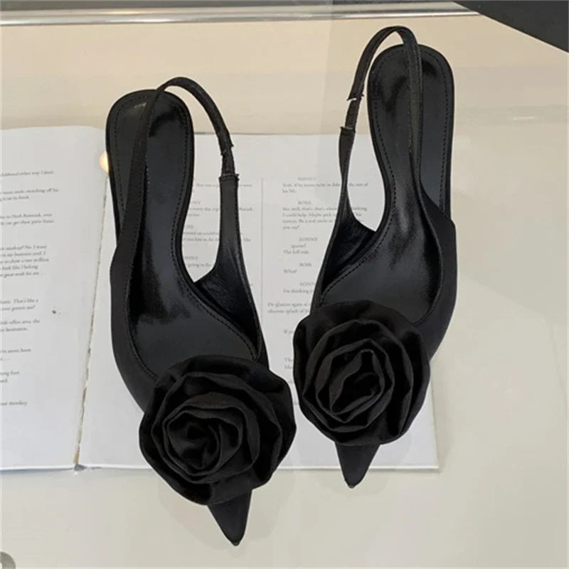 Satin Slingback Women Design Pointed Toe Thin Highs Banquet Wedding Mule Shoes Low Heel Pumps