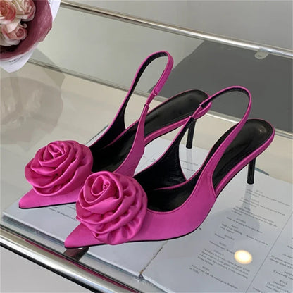 Satin Slingback Women Design Pointed Toe Thin Highs Banquet Wedding Mule Shoes Low Heel Pumps
