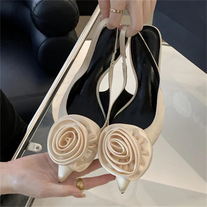 Satin Slingback Women Design Pointed Toe Thin Highs Banquet Wedding Mule Shoes Low Heel Pumps