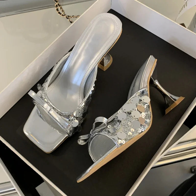 Sequined Square Toe Women Slippers Butterfly-knot Elegant High Dress Shoes Low Heel Pumps
