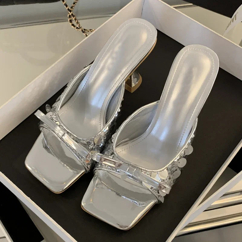 Sequined Square Toe Women Slippers Butterfly-knot Elegant High Dress Shoes Low Heel Pumps