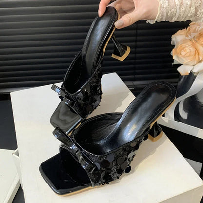 Sequined Square Toe Women Slippers Butterfly-knot Elegant High Dress Shoes Low Heel Pumps