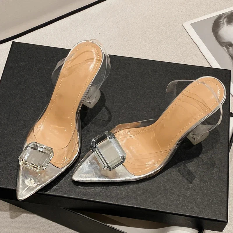 Perspex High Slingbacks Women Designer Pointed Toe PVC Transparent Shoes Low Heel Pumps