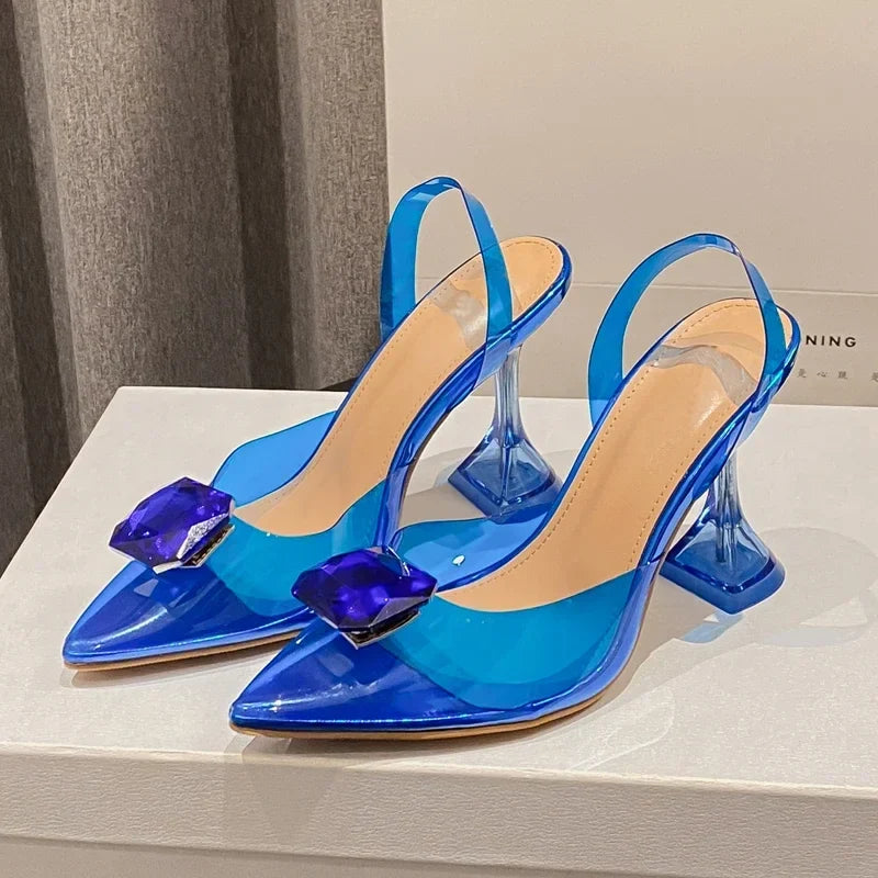 Perspex High Slingbacks Women Designer Pointed Toe PVC Transparent Shoes Low Heel Pumps