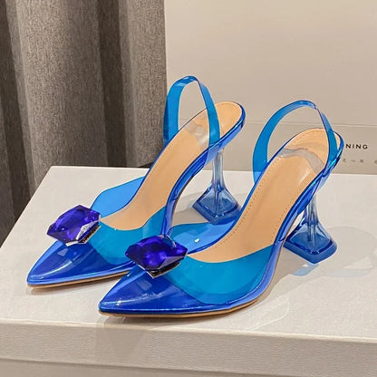 Perspex High Slingbacks Women Designer Pointed Toe PVC Transparent Shoes Low Heel Pumps