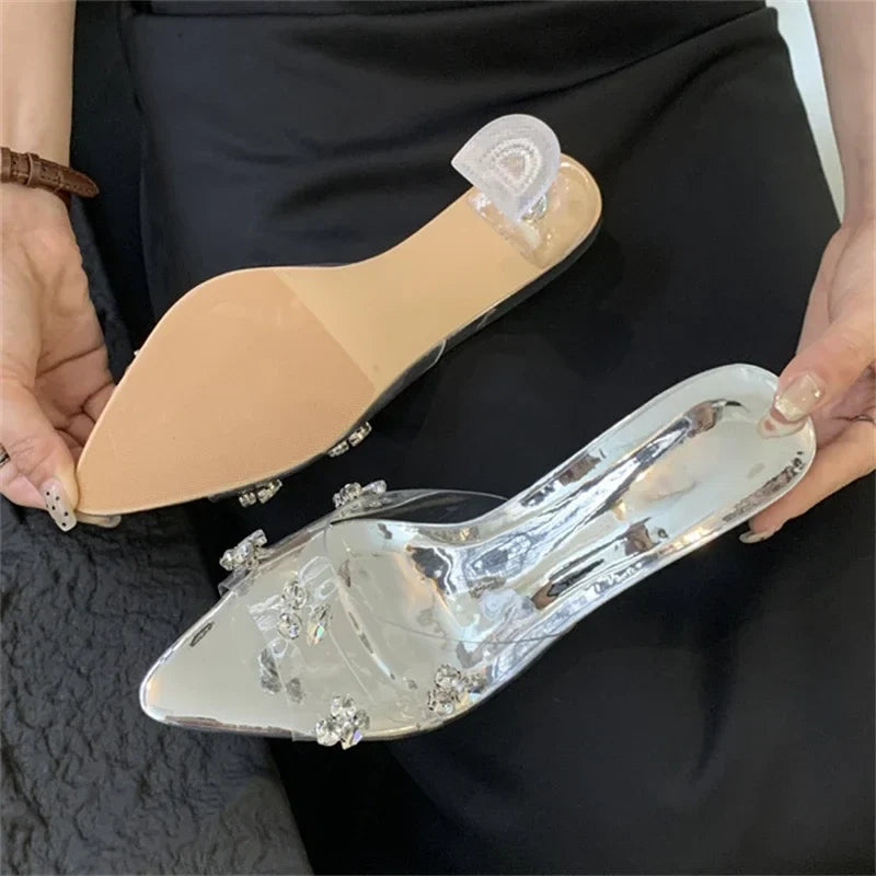 Diamond PVC Transparent Pointed Toe High Women Slippers Summer Slide Shoes Low Heel Pumps