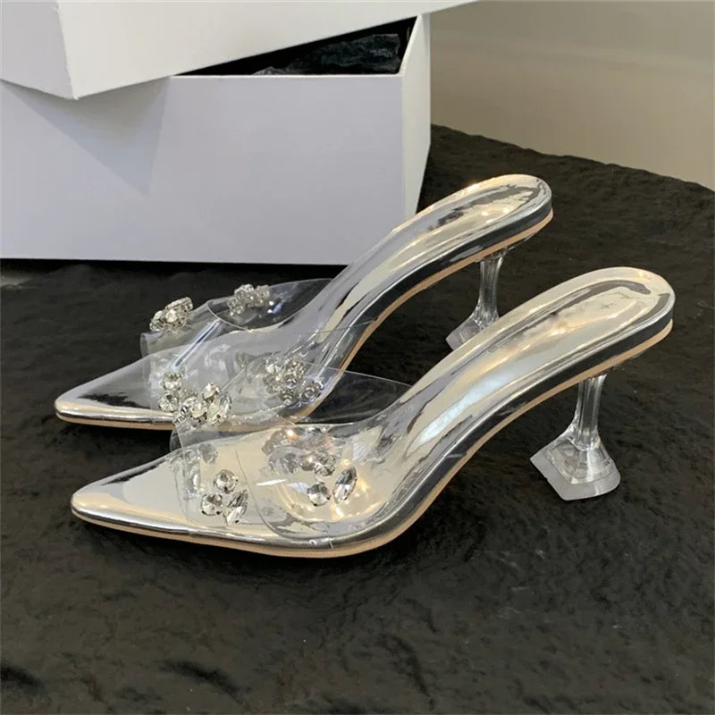 Diamond PVC Transparent Pointed Toe High Women Slippers Summer Slide Shoes Low Heel Pumps