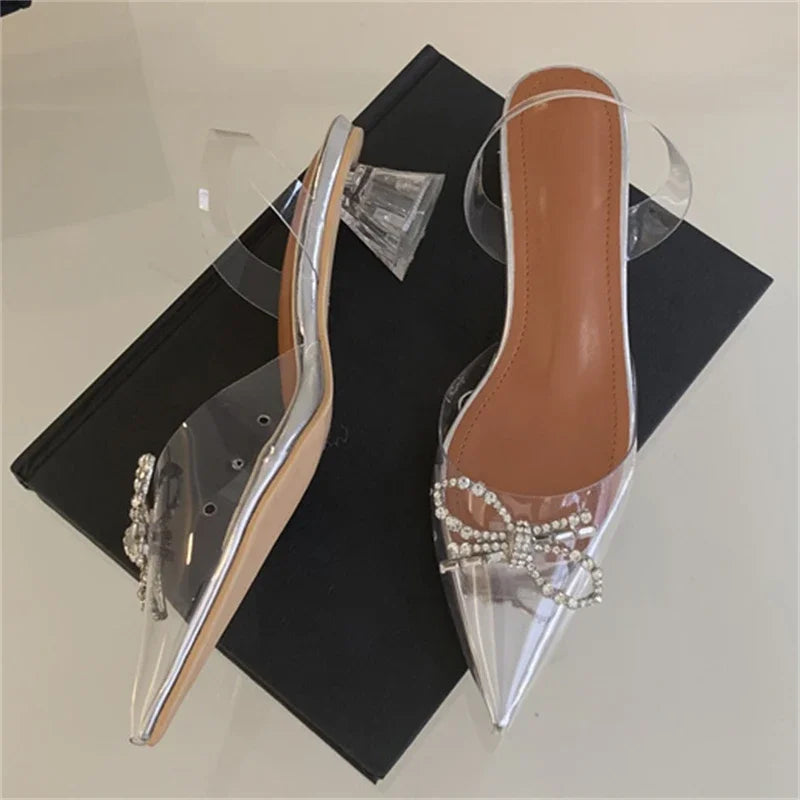 PVC Transparent Butterfly-knot Women Fashion Party Shoes Elegant Slingbacks Mules Sandals Low Heel Pumps