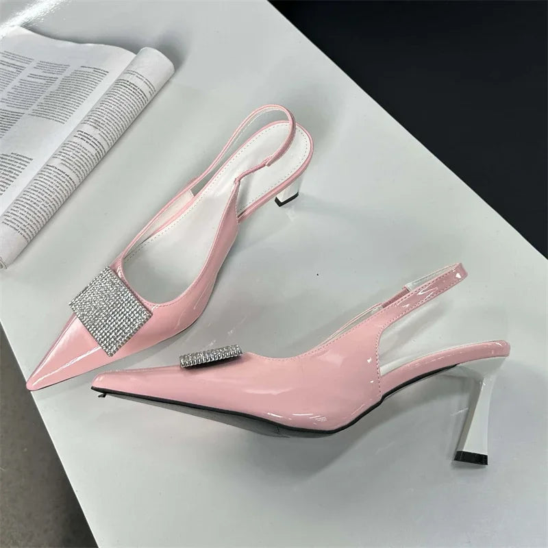 Square Button Women Thin Pointed Toe Slingback Mules Ladies Shoes Low Heel Pumps