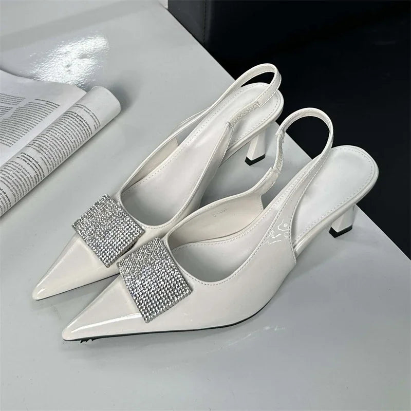 Square Button Women Thin Pointed Toe Slingback Mules Ladies Shoes Low Heel Pumps