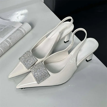 Square Button Women Thin Pointed Toe Slingback Mules Ladies Shoes Low Heel Pumps