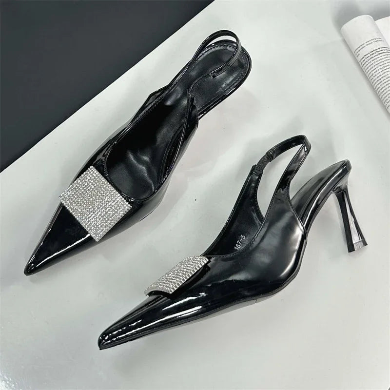 Square Button Women Thin Pointed Toe Slingback Mules Ladies Shoes Low Heel Pumps