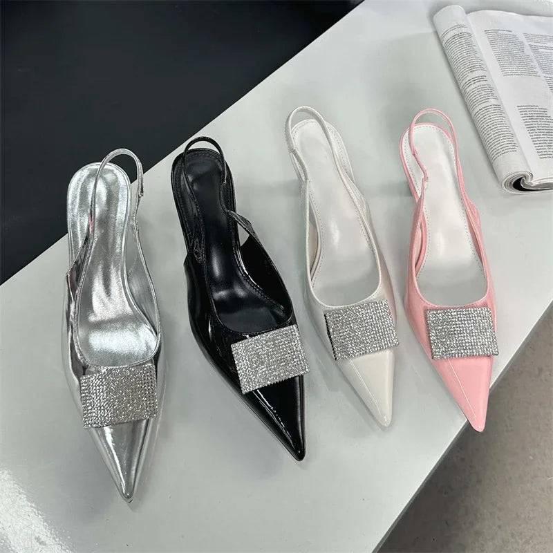 Square Button Women Thin Pointed Toe Slingback Mules Ladies Shoes Low Heel Pumps