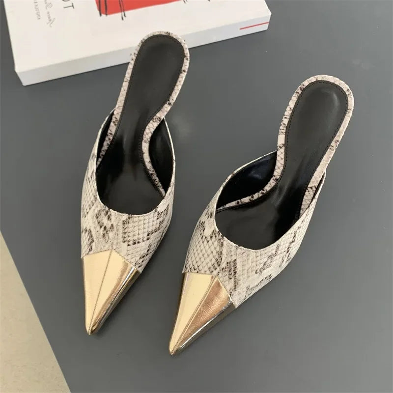 Spring Fashion Serpentine Pointed Toe Women Slippers Thins Stripper Mule Shoes Low Heel Pumps