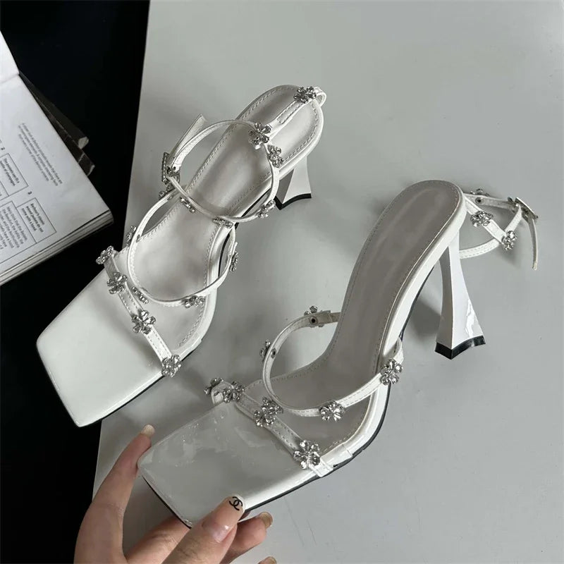 Summer Narrow Band Buckle Strap Women High Shoes Square Toe Party Dress Low Heel Pumps