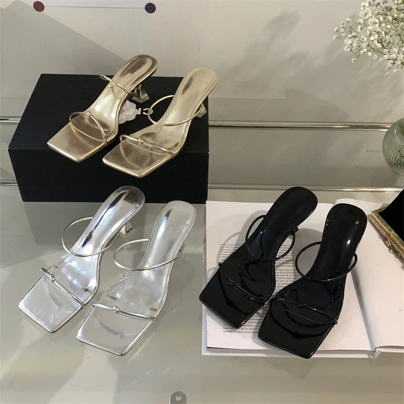 Summer Narrow Band Slipper Fashion Square Toe Slip On Elegant Gladiator Sandal Shoes Low Heel Pumps