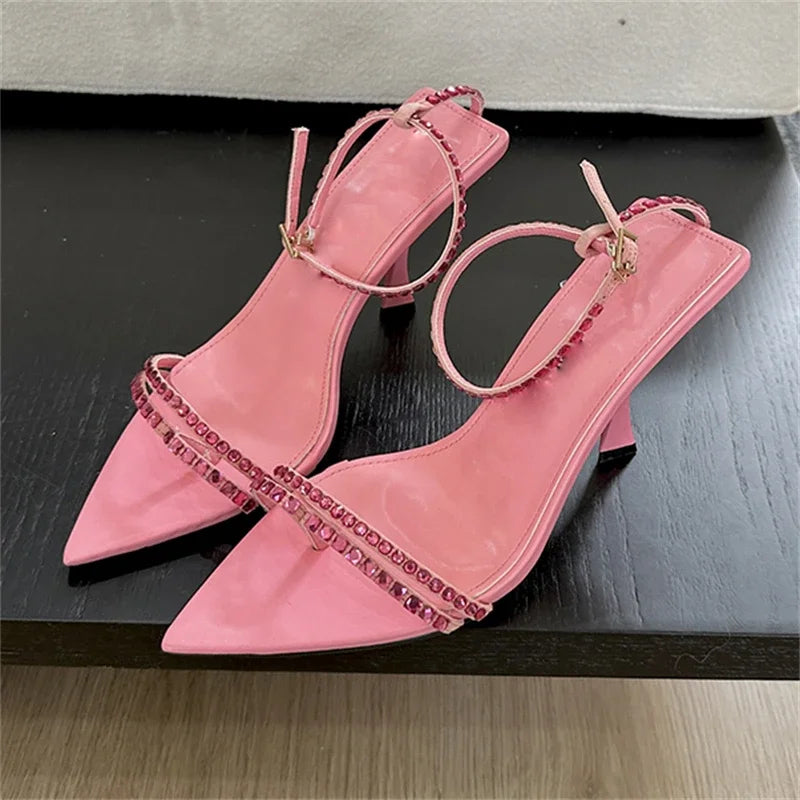 Summer Narrow Band Buckle Strap Women Pointed Toe Highs Banquet Party Shoes Low Heel Pumps