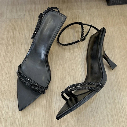 Summer Narrow Band Buckle Strap Women Pointed Toe Highs Banquet Party Shoes Low Heel Pumps