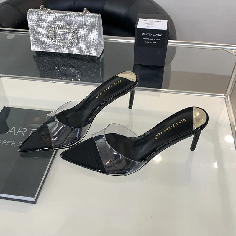 Summer PVC Transparent Slipper Women Pointed Toe Slides Stripper Sandal Thin Mule Shoes Low Heel Pumps