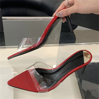 Summer PVC Transparent Slipper Women Pointed Toe Slides Stripper Sandal Thin Mule Shoes Low Heel Pumps