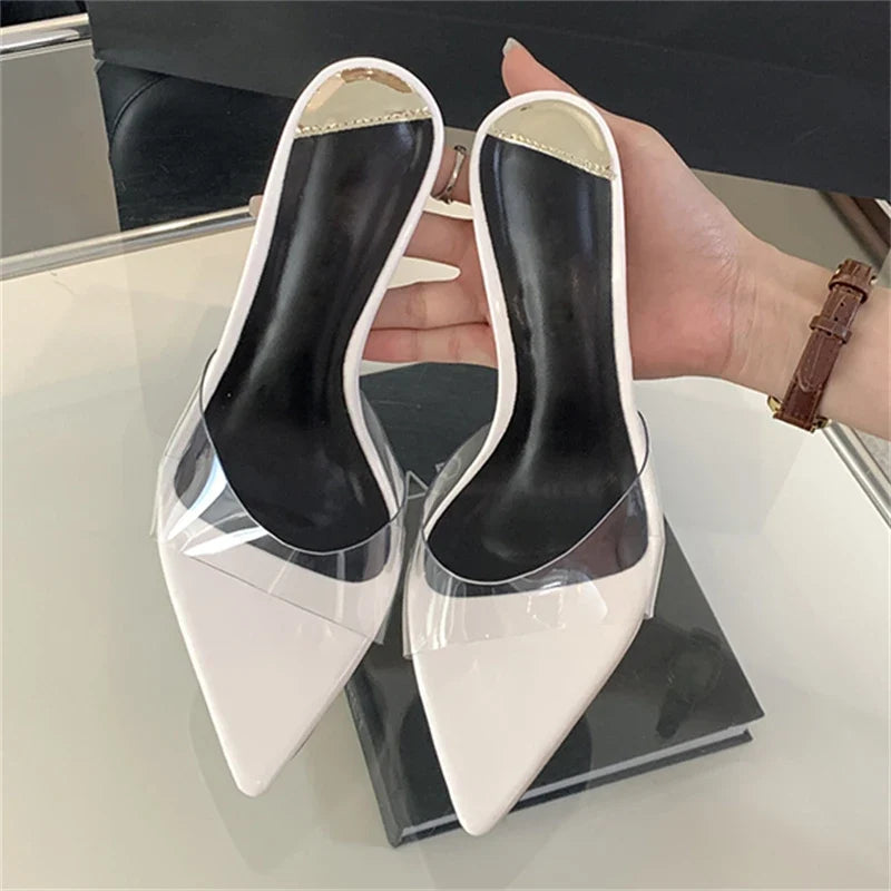 Summer PVC Transparent Slipper Women Pointed Toe Slides Stripper Sandal Thin Mule Shoes Low Heel Pumps