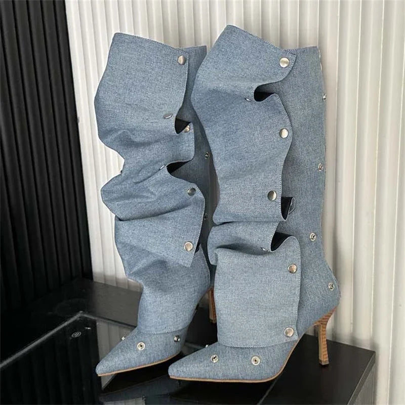 Winter Pleated Button Strap Pointed Toe Thin Heels Stripper Knee High Boots