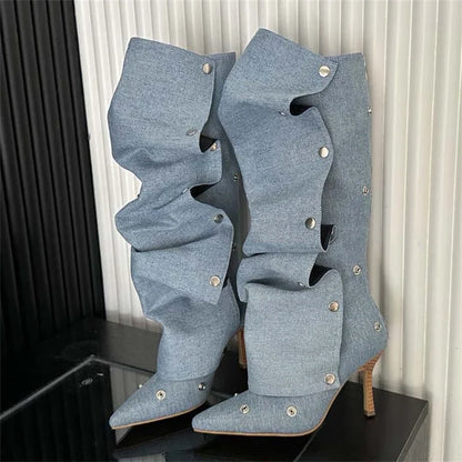 Winter Pleated Button Strap Pointed Toe Thin Heels Stripper Knee High Boots