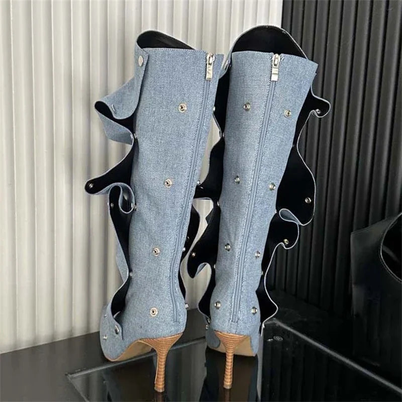 Winter Pleated Button Strap Pointed Toe Thin Heels Stripper Knee High Boots