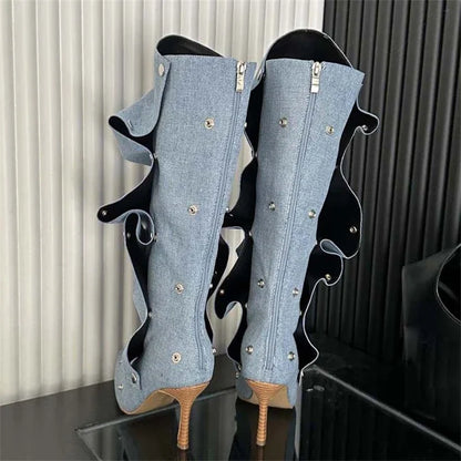 Winter Pleated Button Strap Pointed Toe Thin Heels Stripper Knee High Boots