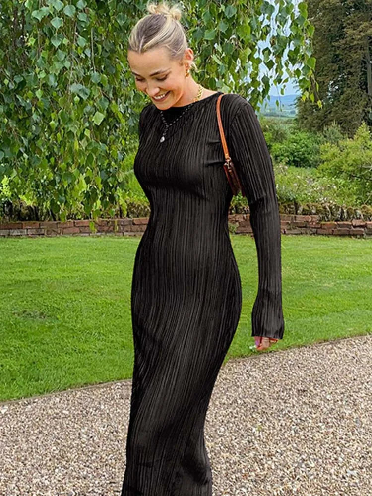 Boat Neck Long Sleeve Plisse Pleated Bodycon Midi Dress