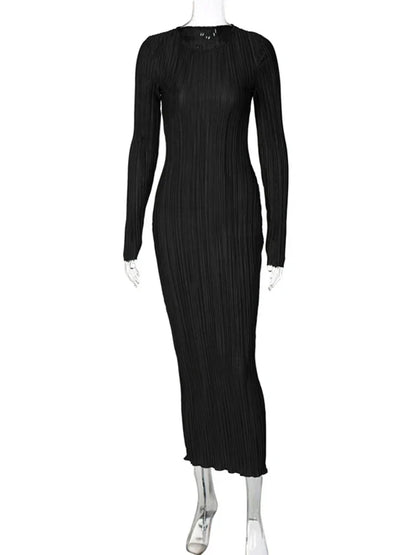 Boat Neck Long Sleeve Plisse Pleated Bodycon Midi Dress