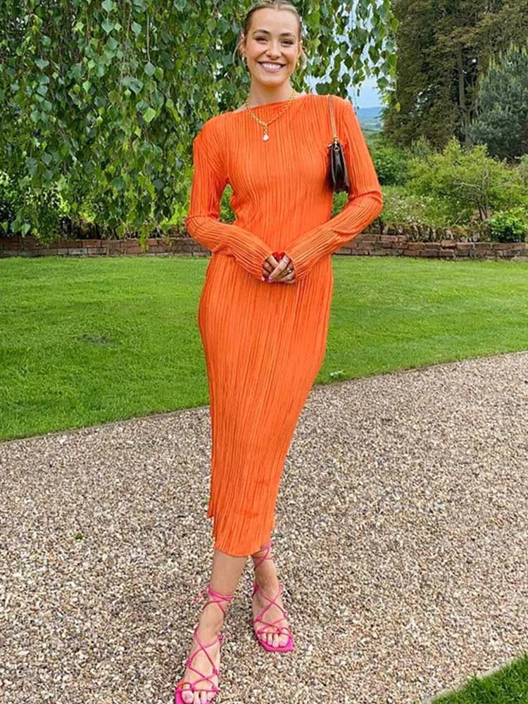 Boat Neck Long Sleeve Plisse Pleated Bodycon Midi Dress