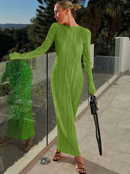 Boat Neck Long Sleeve Plisse Pleated Bodycon Midi Dress