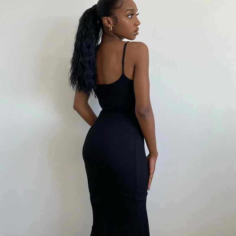 Sleeveless Backless Black Party Midi Dress