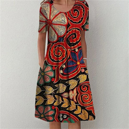 Round Neck Short Sleeve Floral Print Pleated Pocket Midi Dress