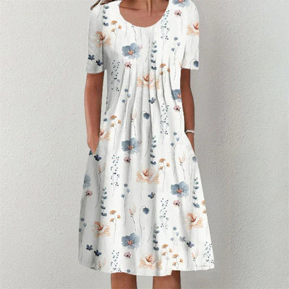 Round Neck Short Sleeve Floral Print Pleated Pocket Midi Dress