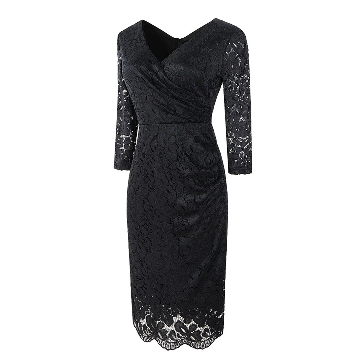 Deep V-Neck Floral Lace Three-Quarter Sleeve Ruched Waist Scalloped Hem Midi Dress