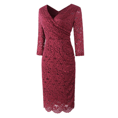 Deep V-Neck Floral Lace Three-Quarter Sleeve Ruched Waist Scalloped Hem Midi Dress