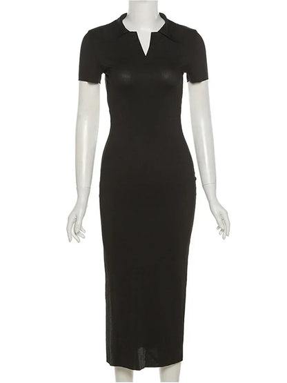 Ribbed Knit Polo Collar V-Neck Short Sleeve Open Back Maxi Dress