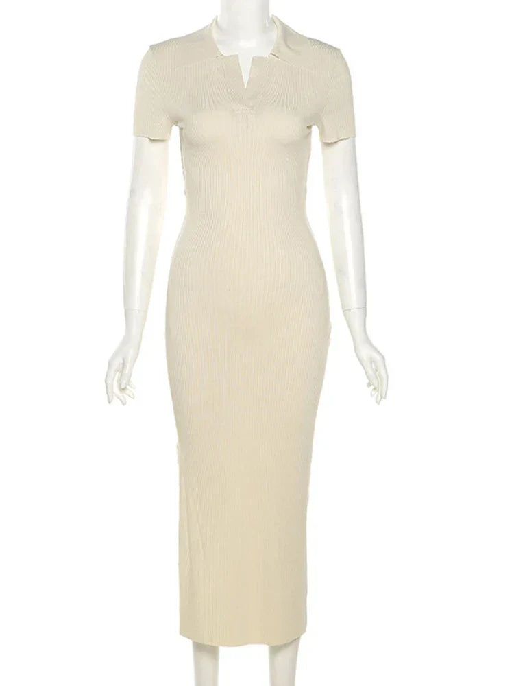 Ribbed Knit Polo Collar V-Neck Short Sleeve Open Back Maxi Dress