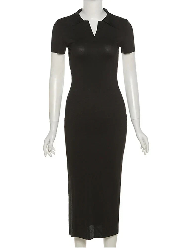 Polo Collar Deep V-Neck Ribbed Knit Open Back Bodycon Midi Dress