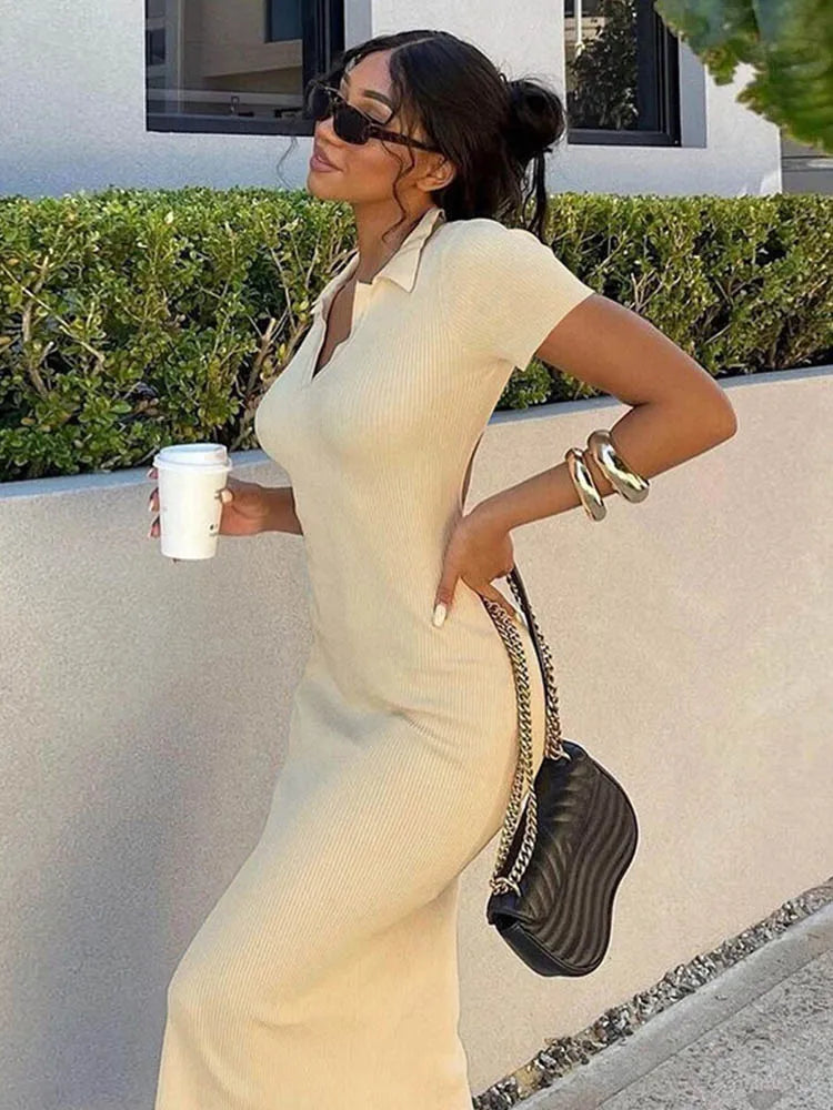 Ribbed Knit Polo Collar V-Neck Short Sleeve Open Back Maxi Dress