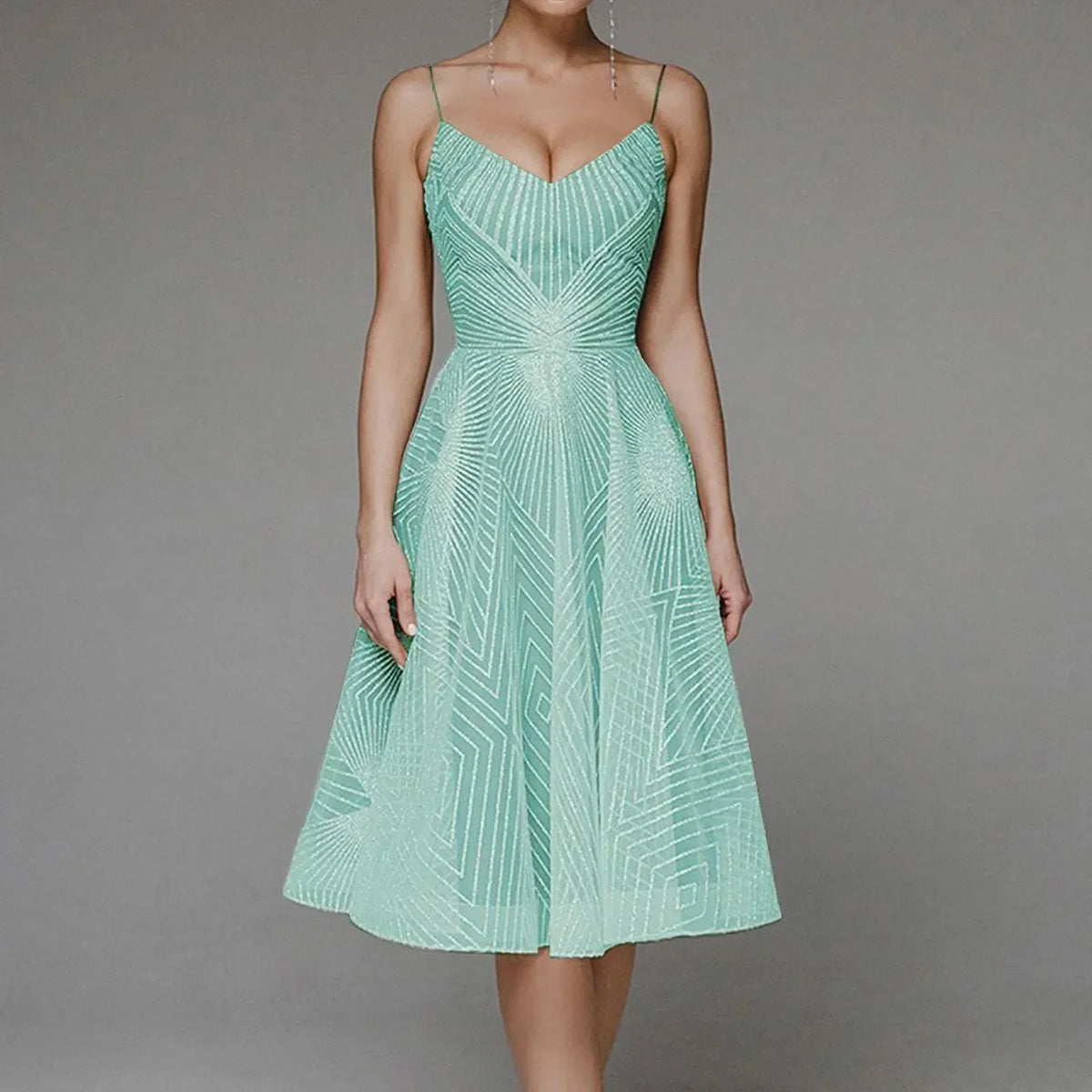 Sweetheart Spaghetti Strap Geometric Sequin Embellished Fit and Flare Midi Dress